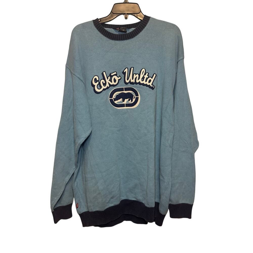 Vintage Y2K‎ Ecko Unltd baby blue crewneck sweater. Size 2XL